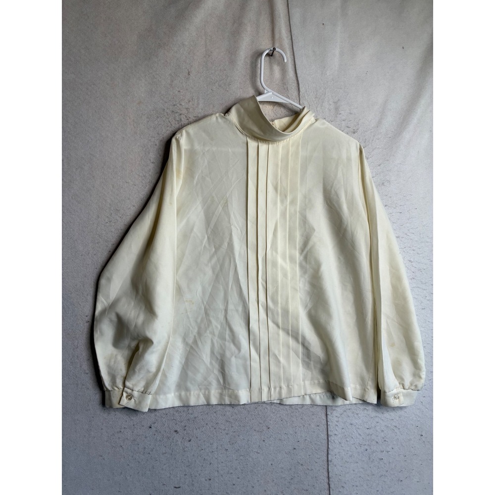 Vintage Cream High Neck Pintuck Pleated Long Sleeve Blouse Zipper Back Blouse